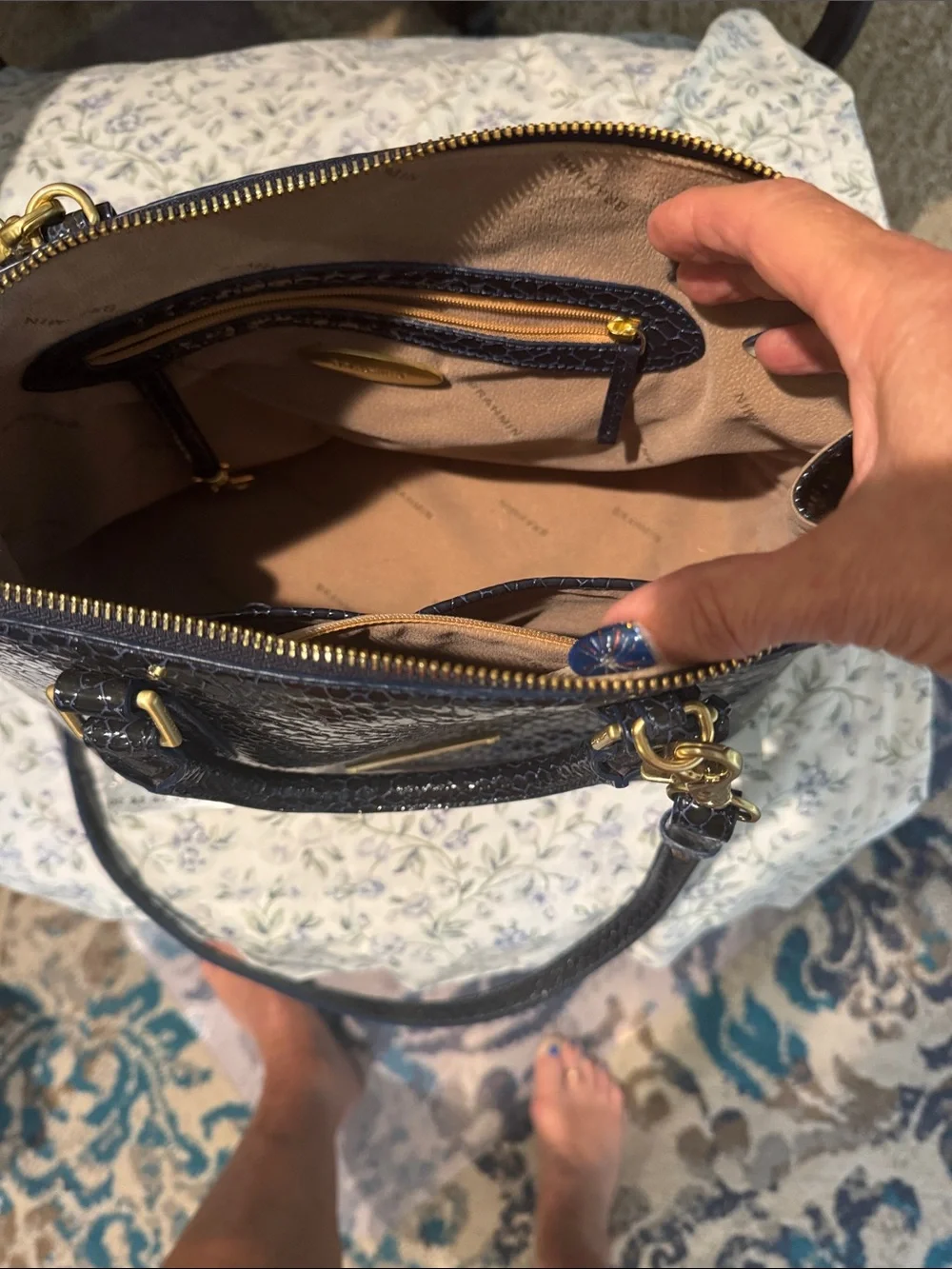 Brahmin Navy Snake-Embossed Satchel with Gold Hardware